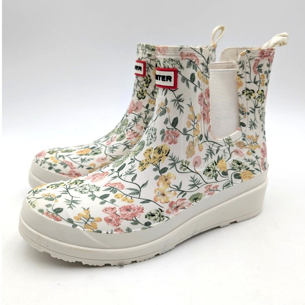 Hunter Tabitha Floral Chelsea Rain Boots Round Toe Women’s Cream Size US7M EU38